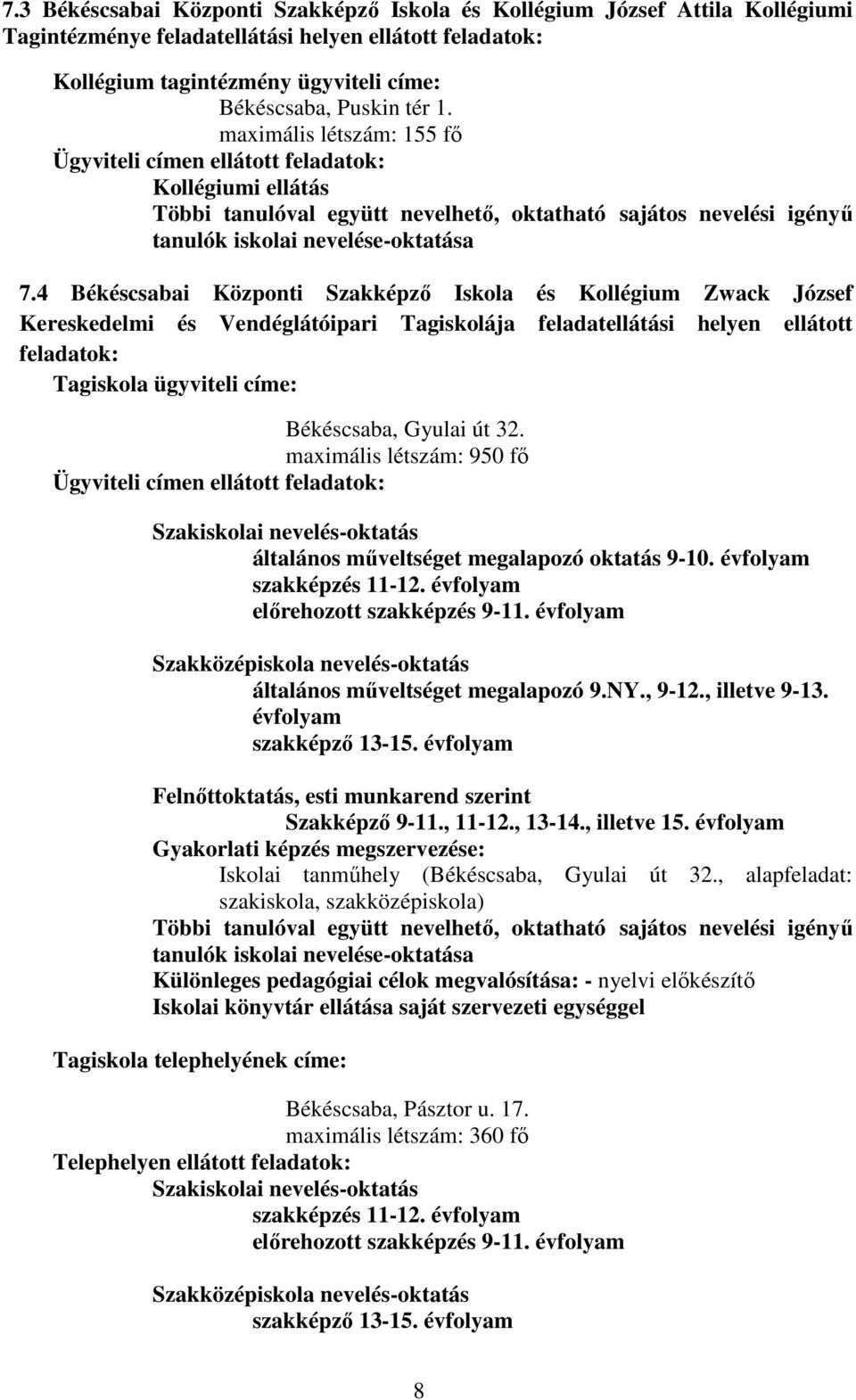 4 Békéscsabai Központi Szakképző Iskola és Kollégium Zwack József Kereskedelmi és Vendéglátóipari Tagiskolája feladatellátási helyen ellátott feladatok: Tagiskola ügyviteli címe: Békéscsaba, Gyulai