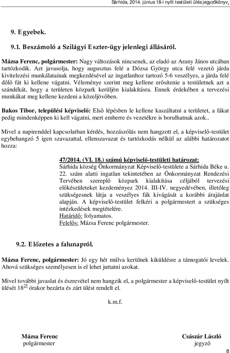 Véleménye szerint meg kellene er sítenie a testületnek azt a szándékát, hogy a területen közpark kerüljön kialakításra. Ennek érdekében a tervezési munkákat meg kellene kezdeni a közeljöv ben.