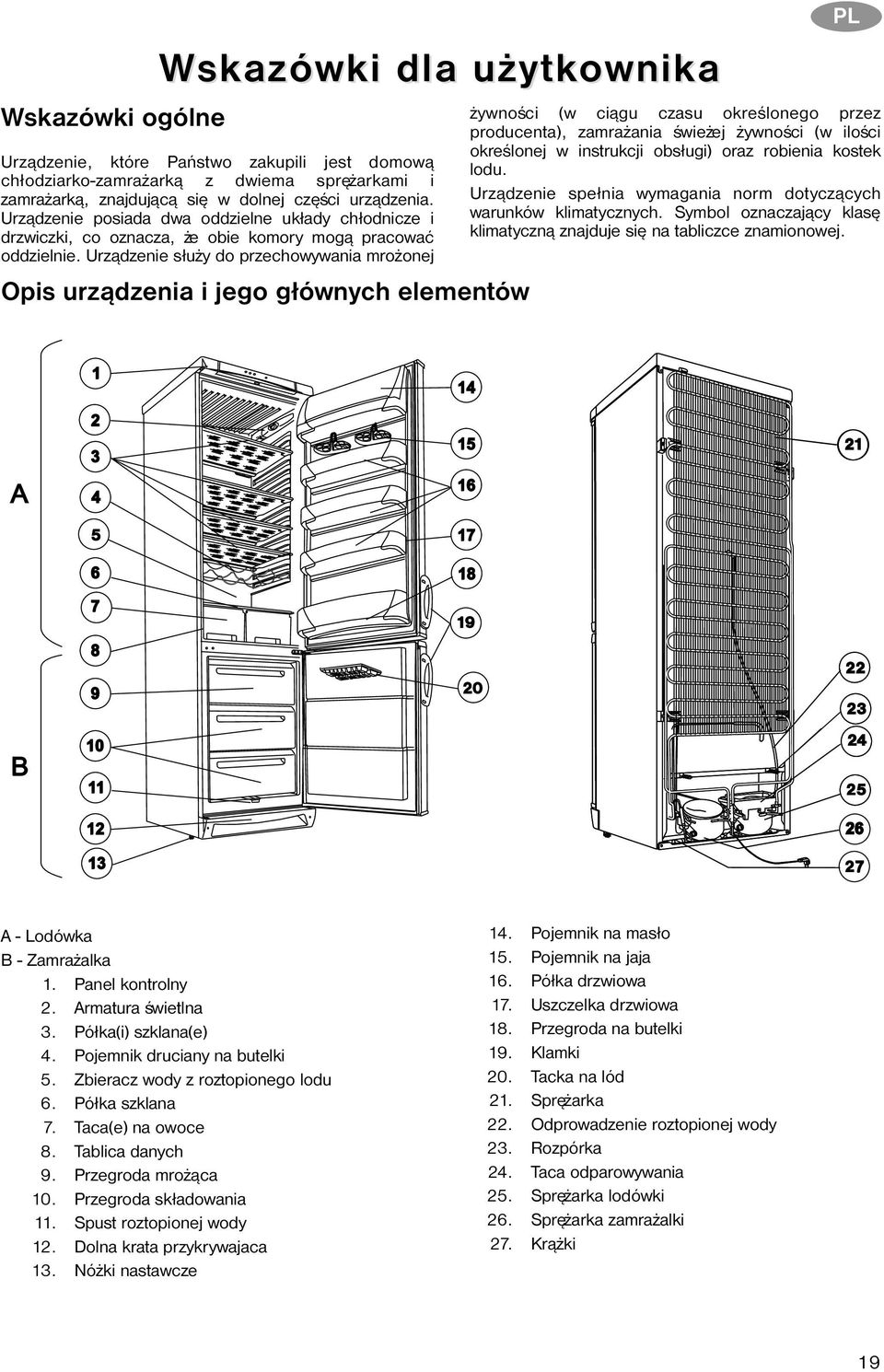 Urz¹dzenie s³u y do przechowywania mro onej Opis urz¹dzenia i jego g³ównych elementów PL ywnoœci (w ci¹gu czasu okreœlonego przez producenta), zamra ania œwie ej ywnoœci (w iloœci okreœlonej w