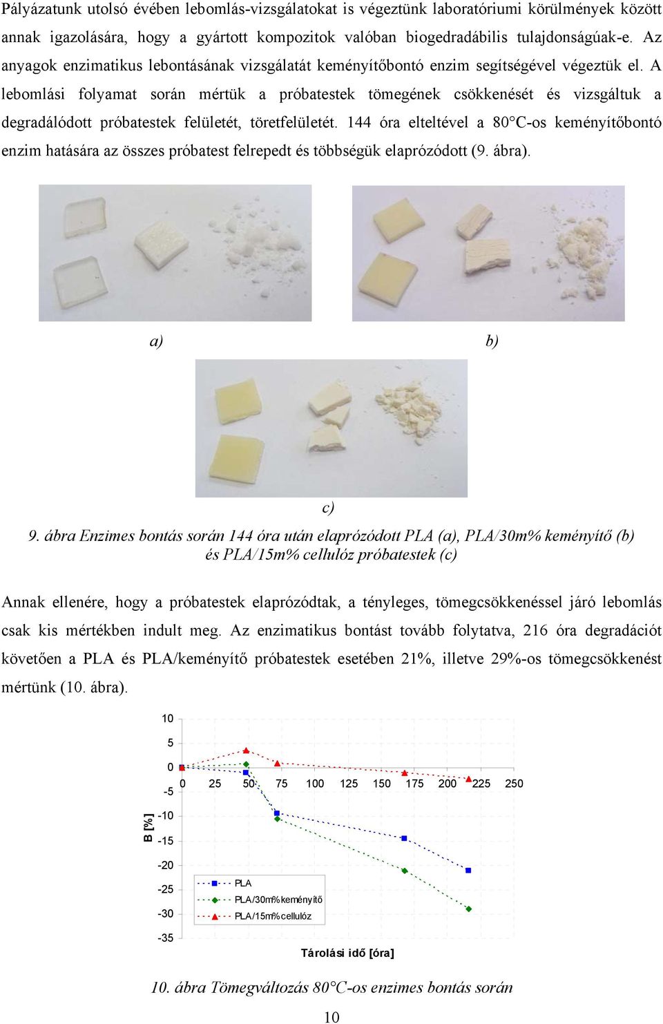 A lebomlási folyamat során mértük a próbatestek tömegének csökkenését és vizsgáltuk a degradálódott próbatestek felületét, töretfelületét.