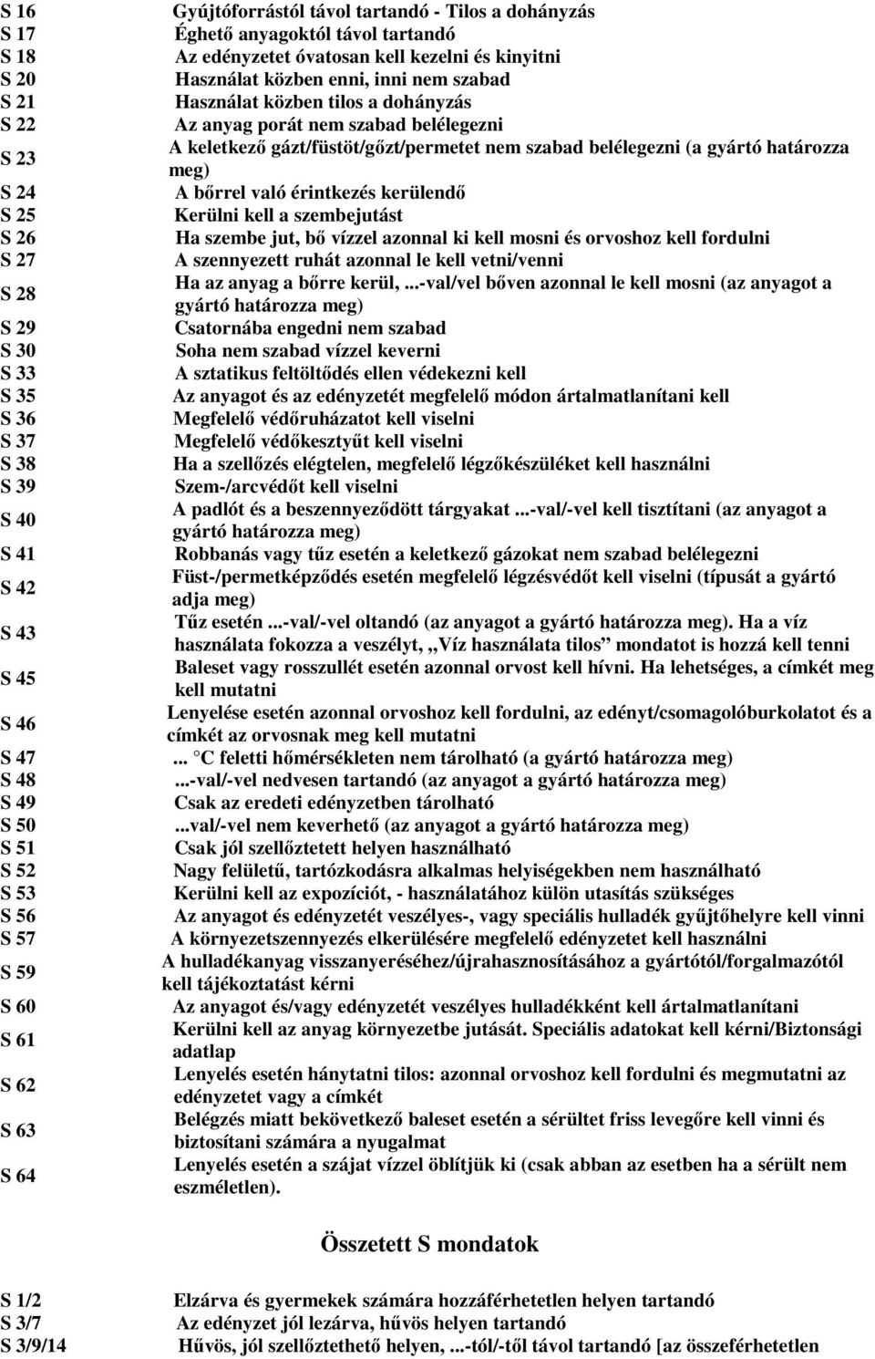 a dohányzás Az anyag porát nem szabad belélegezni A keletkezı gázt/füstöt/gızt/permetet nem szabad belélegezni (a gyártó határozza meg) A bırrel való érintkezés kerülendı Kerülni kell a szembejutást