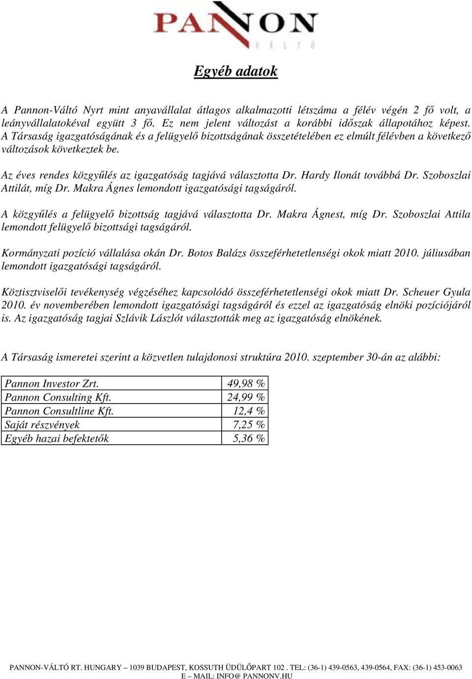 Az éves rendes közgyűlés az igazgatóság tagjává választotta Dr. Hardy Ilonát továbbá Dr. Szoboszlai Attilát, míg Dr. Makra Ágnes lemondott igazgatósági tagságáról.