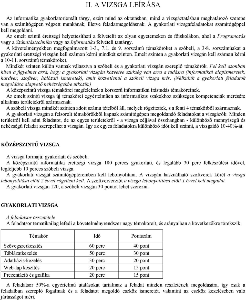 Az emelt szintő érettségi helyettesítheti a felvételit az olyan egyetemeken és fıiskolákon, ahol a Programozás vagy a Számítástechnika vagy az Informatika felvételi tantárgy.