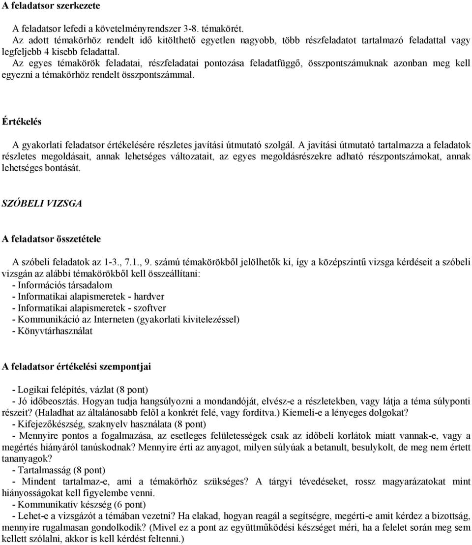 Az egyes témakörök feladatai, részfeladatai pontozása feladatfüggı, összpontszámuknak azonban meg kell egyezni a témakörhöz rendelt összpontszámmal.