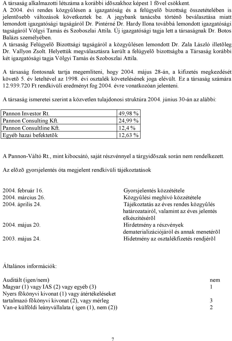 A jegybank tanácsba történõ beválasztása miatt lemondott igazgatósági tagságáról Dr. Pintérné Dr. Hardy Ilona továbbá lemondott igazgatósági tagságáról Völgyi Tamás és Szoboszlai Attila.