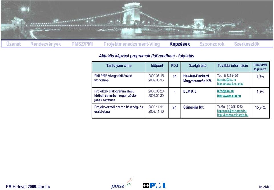 Tel: (1) 229-9406 training@hp.hu http://education.hp.hu 10% Projektek ciklogramm alapú idıbeli és térbeli organizációjának oktatása 2009.06.29-2009.06.30 - ELM Kft.