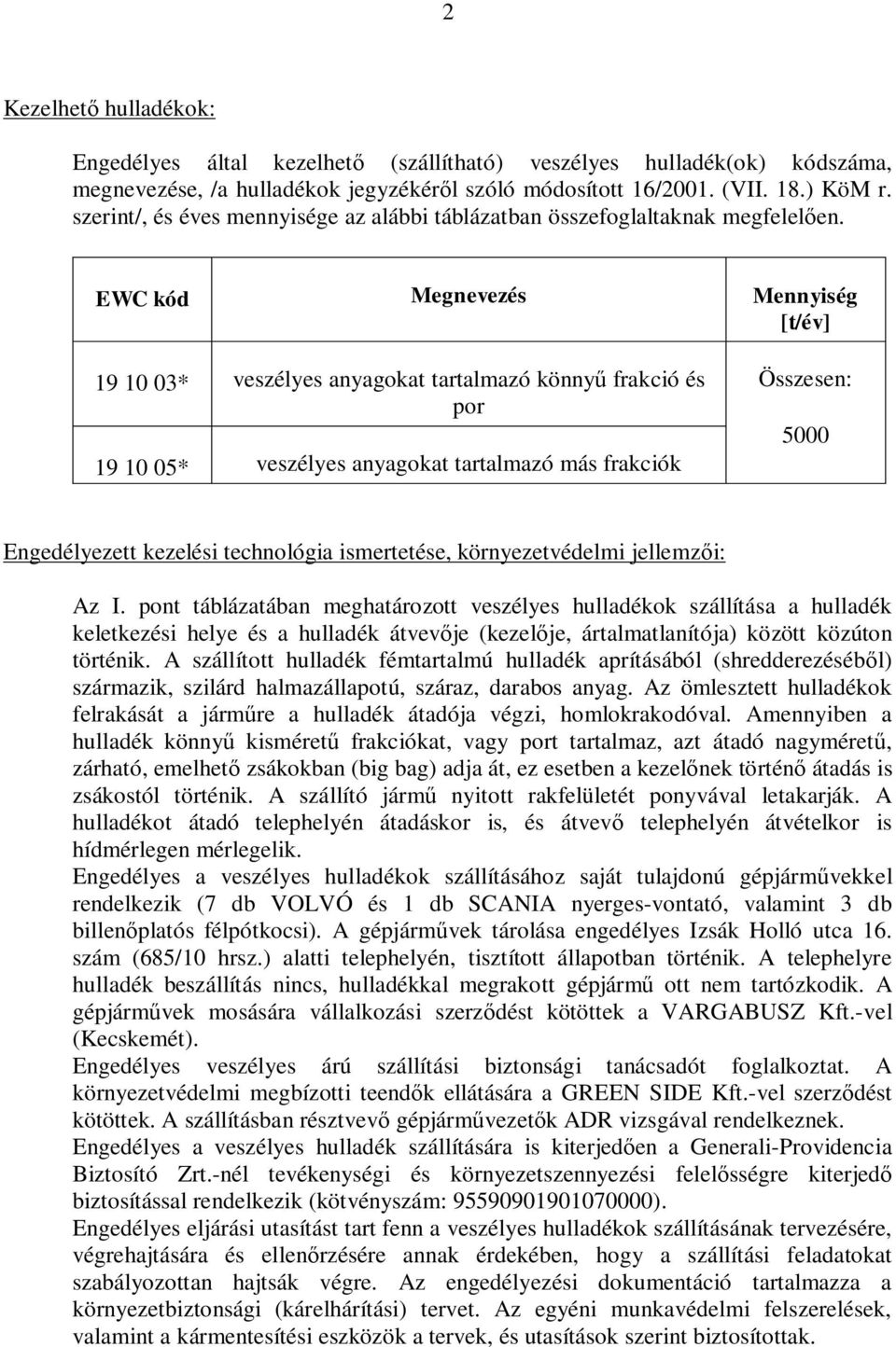 EWC kód Megnevezés Mennyiség [t/év] 19 10 03* veszélyes anyagokat tartalmazó könny frakció és por 19 10 05* veszélyes anyagokat tartalmazó más frakciók Összesen: 5000 Engedélyezett kezelési