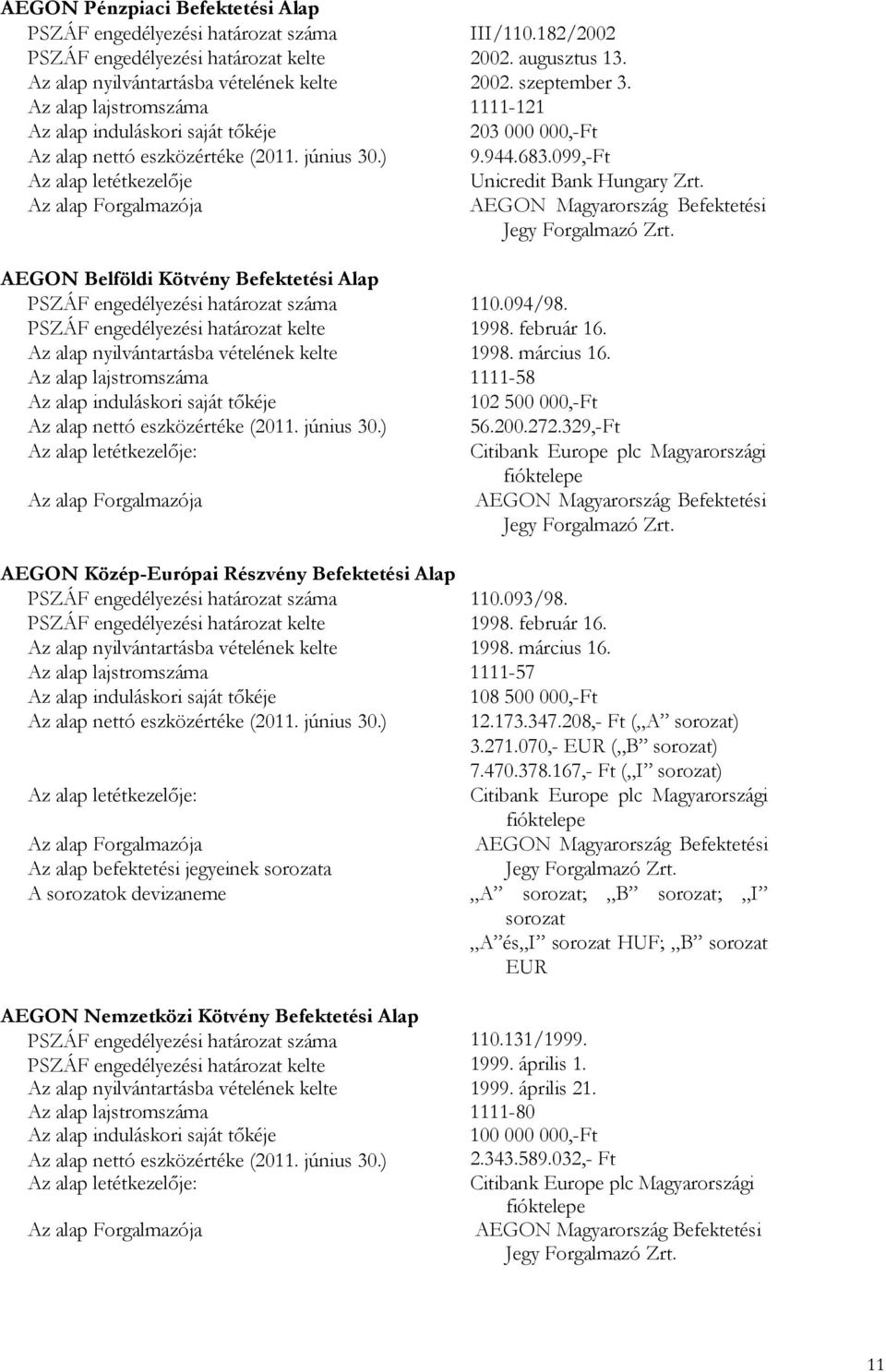 Az alap Forgalmazója AEGON Magyarország Befektetési Jegy Forgalmazó Zrt. AEGON Belföldi Kötvény Befektetési Alap PSZÁF engedélyezési határozat száma 110.094/98.