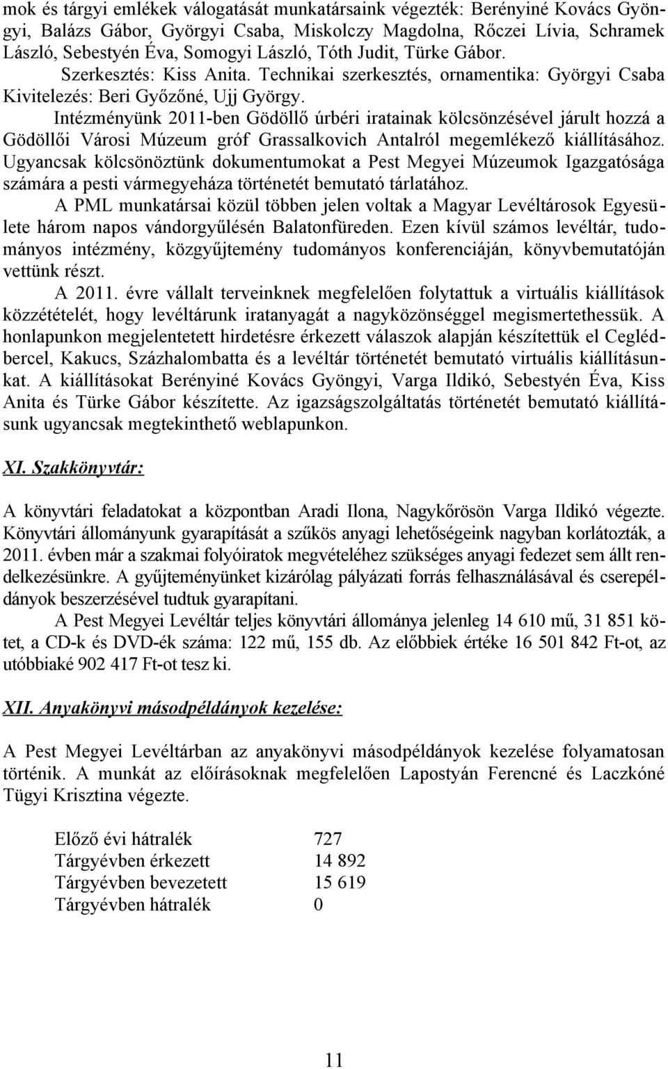 Intézményünk 2011-ben Gödöllő úrbéri iratainak kölcsönzésével járult hozzá a Gödöllői Városi Múzeum gróf Grassalkovich Antalról megemlékező kiállításához.