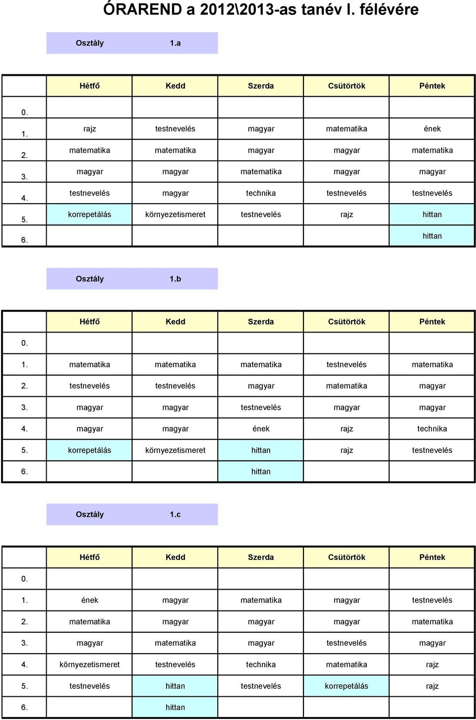 környezetismeret testnevelés rajz hittan hittan Osztály 1.b 1. matematika matematika matematika testnevelés matematika 2.