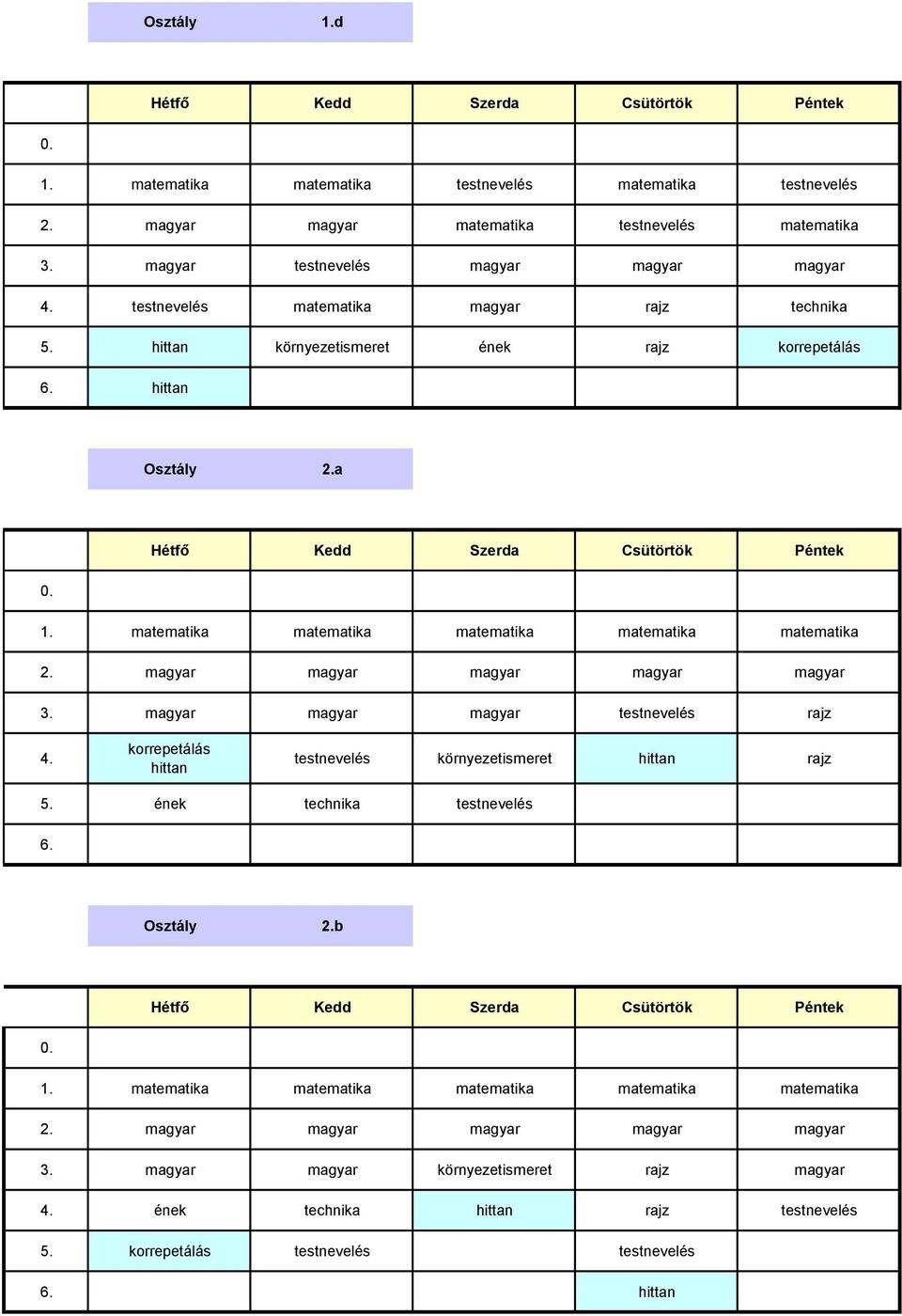 hittan környezetismeret ének rajz korrepetálás hittan Osztály 2.a 1. matematika matematika matematika matematika matematika 2.