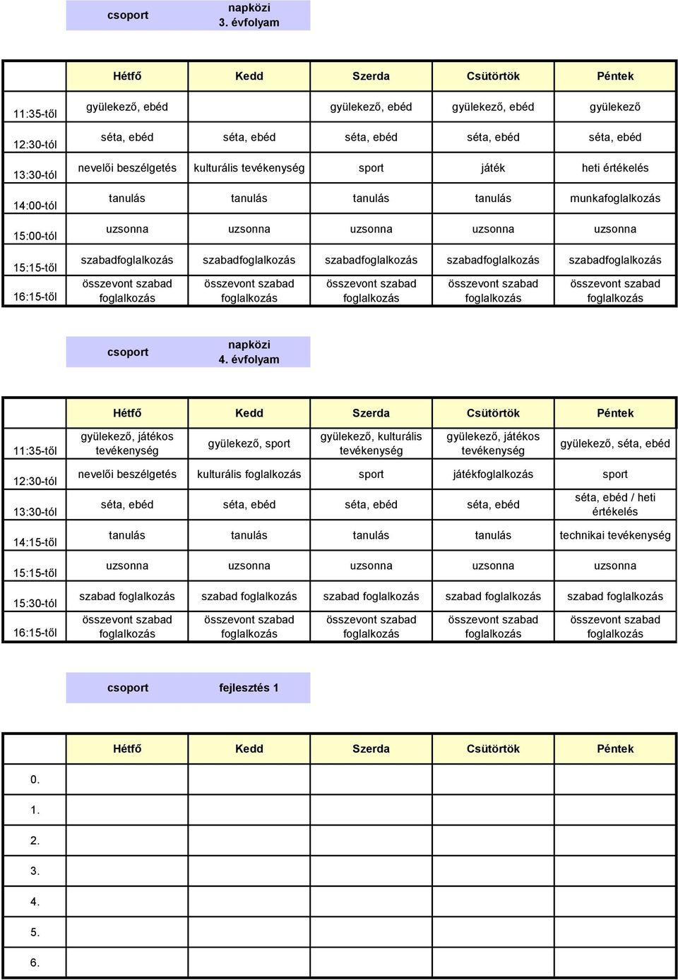 napközi évfolyam 11:35-től gyülekező, os tevékenység gyülekező, sport gyülekező, kulturális tevékenység gyülekező, os tevékenység gyülekező, séta, ebéd 12:30-tól 13:30-tól 14:15-től 15:15-től