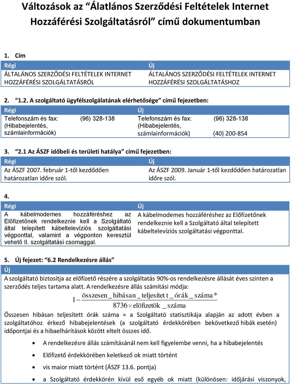 1.2. A szolgáltató ügyfélszolgálatának elérhetősége című fejezetben: Telefonszám és fax: (96) 328-138 (Hibabejelentés, számlainformációk) 3. 2.