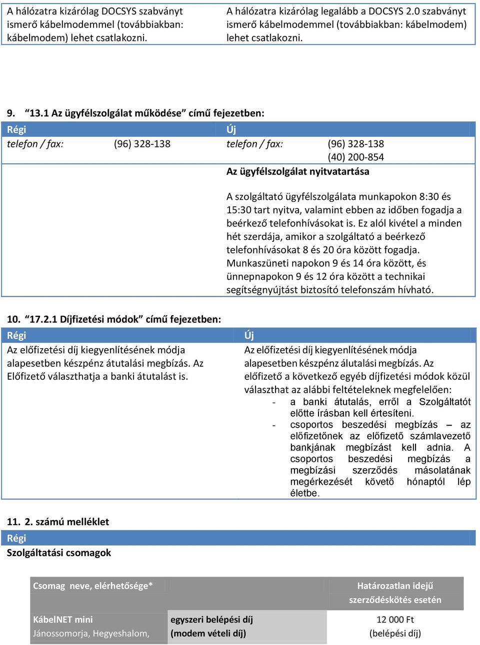 1 Az ügyfélszolgálat működése című fejezetben: telefon / fax: (96) 328-138 telefon / fax: (96) 328-138 (40) 200-854 Az ügyfélszolgálat nyitvatartása A szolgáltató ügyfélszolgálata munkapokon 8:30 és