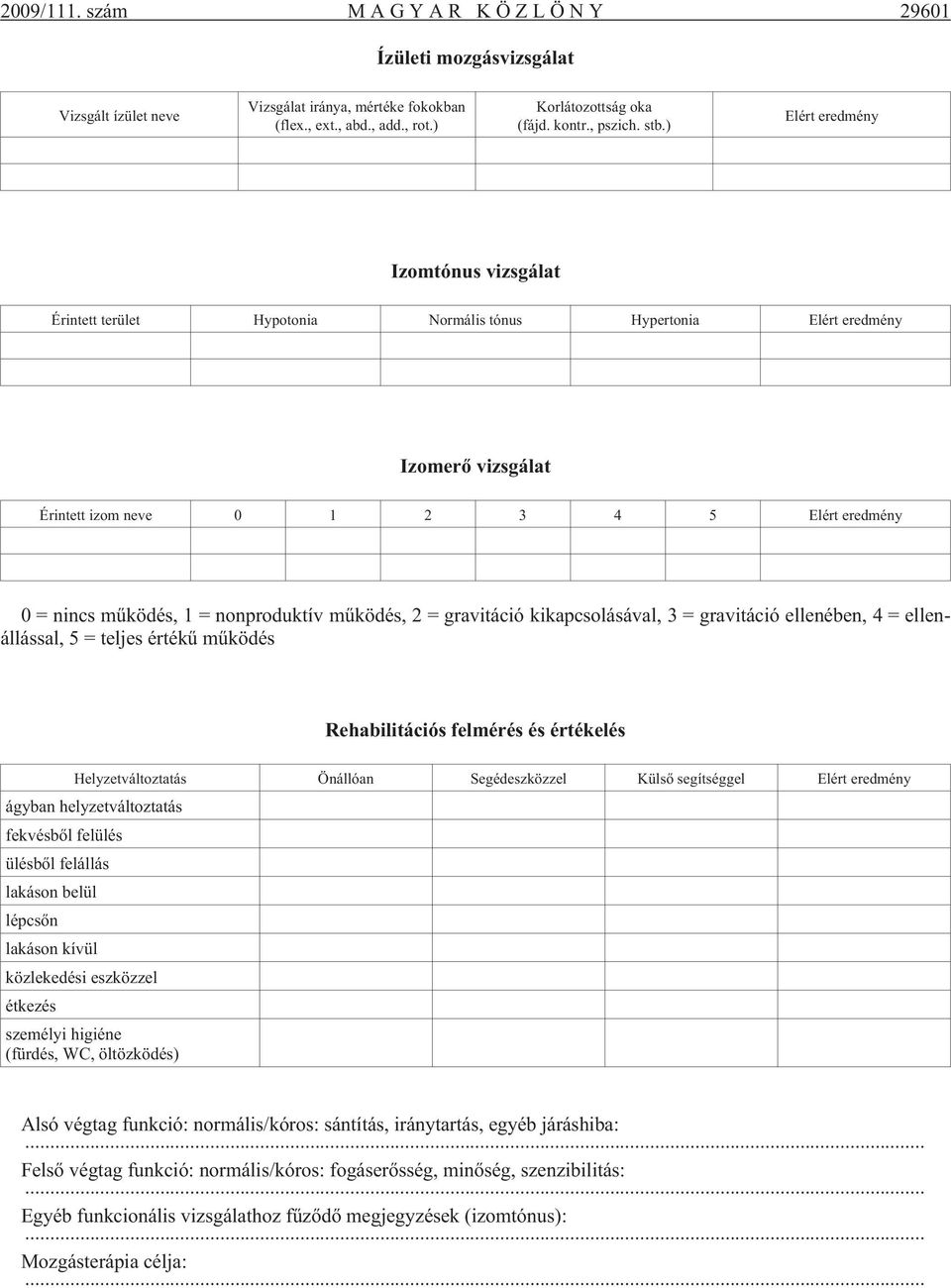 nonproduktív mûködés, 2 = gravitáció kikapcsolásával, 3 = gravitáció ellenében, 4 = ellenállással, 5 = teljes értékû mûködés Rehabilitációs felmérés és értékelés Helyzetváltoztatás Önállóan