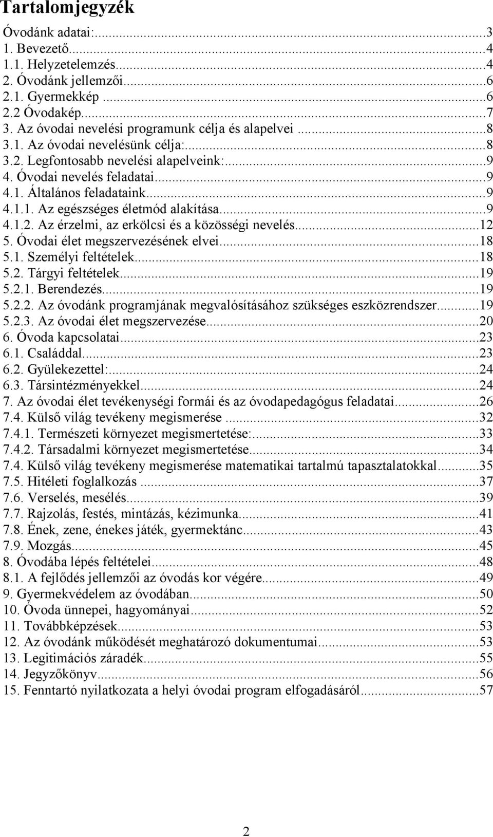 ..12 5. Óvodai élet megszervezésének elvei...18 5.1. Személyi feltételek...18 5.2. Tárgyi feltételek...19 5.2.1. Berendezés...19 5.2.2. Az óvodánk programjának megvalósításához szükséges eszközrendszer.