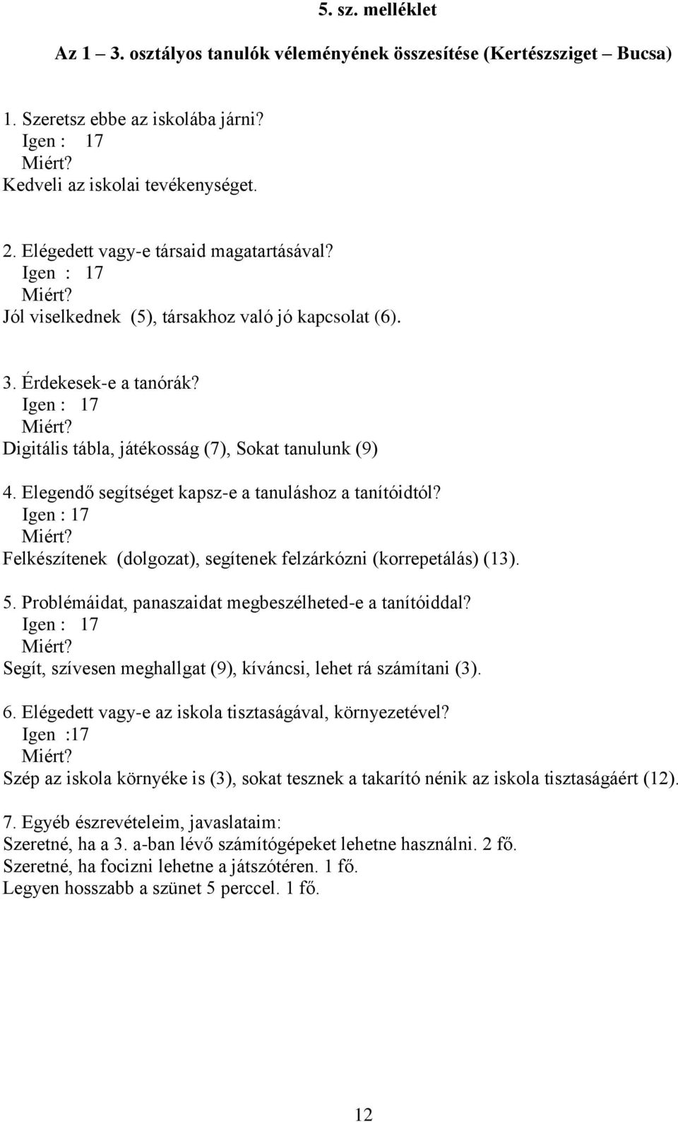 Elegendő segítséget kapsz-e a tanuláshoz a tanítóidtól? Igen : 17 Miért? Felkészítenek (dolgozat), segítenek felzárkózni (korrepetálás) (13). 5.