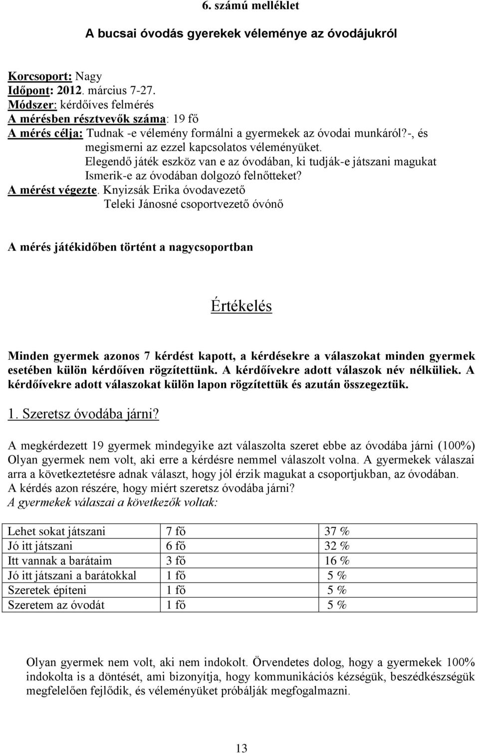 Elegendő játék eszköz van e az óvodában, ki tudják-e játszani magukat Ismerik-e az óvodában dolgozó felnőtteket? A mérést végezte.