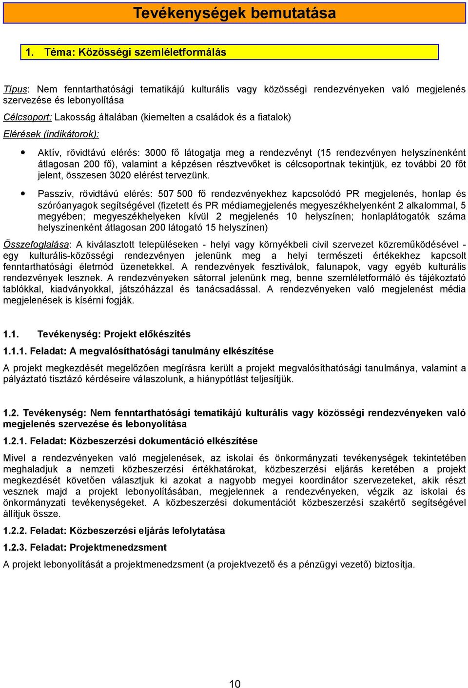 a családok és a fiatalok) Elérések (indikátorok): Aktív, rövidtávú elérés: 3000 fő látogatja meg a rendezvényt (15 rendezvényen helyszínenként átlagosan 200 fő), valamint a képzésen résztvevőket is