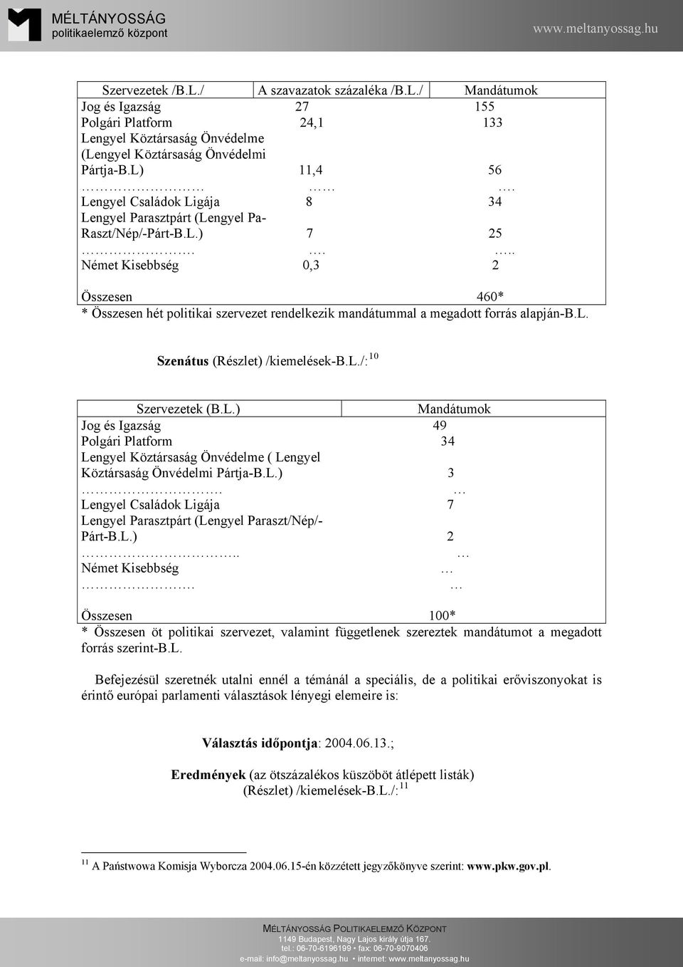 ... Német Kisebbség 0,3 2 Összesen 460* * Összesen hét politikai szervezet rendelkezik mandátummal a megadott forrás alapján-b.l. Szenátus (Részlet) /kiemelések-b.l./: 10 Szervezetek (B.L.