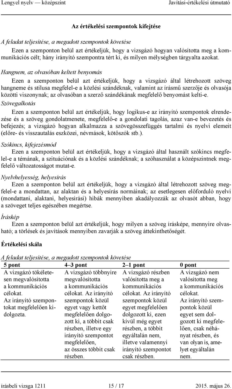 Hangnem, az olvasóban keltett benyomás Ezen a szemponton belül azt értékeljük, hogy a vizsgázó által létrehozott szöveg hangneme és stílusa megfelel-e a közlési szándéknak, valamint az írásmű