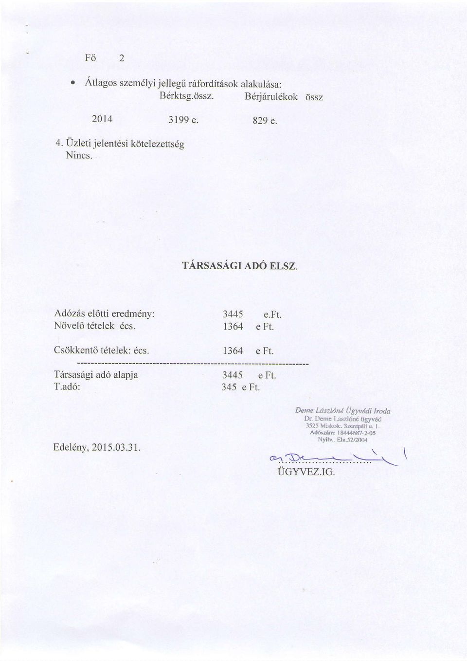 Csdkkent6 t6telek: 6cs. Tdrsasdgi ad6alapja T.ad6: Edel6nv. 2015.03.31. 3445 e.ft. 1364 eft. 1364 e Ft. 3445 eft. 345 eft.