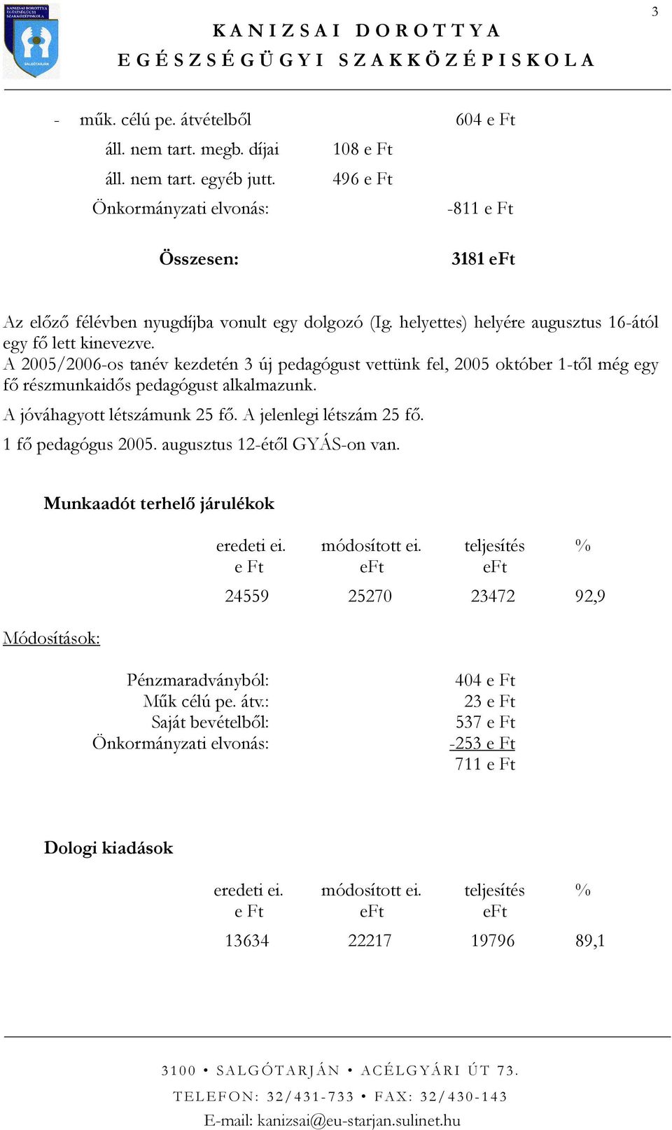 A 2005/2006-os tanév kezdetén 3 új pedagógust vettünk fel, 2005 október 1-tıl még egy fı részmunkaidıs pedagógust alkalmazunk. A jóváhagyott létszámunk 25 fı.