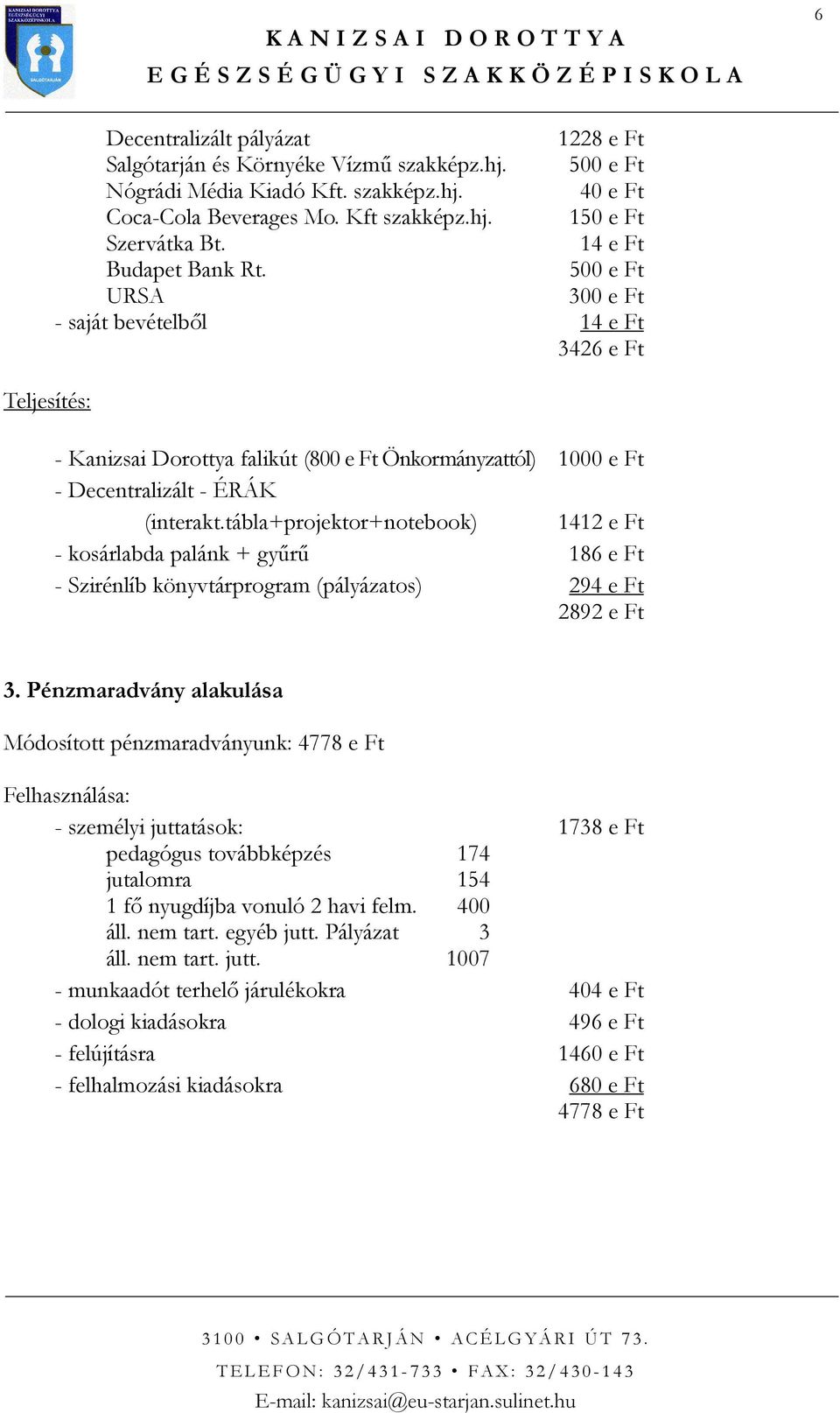 tábla+projektor+notebook) 1412 e Ft - kosárlabda palánk + győrő 186 e Ft - Szirénlíb könyvtárprogram (pályázatos) 294 e Ft 2892 e Ft 3.