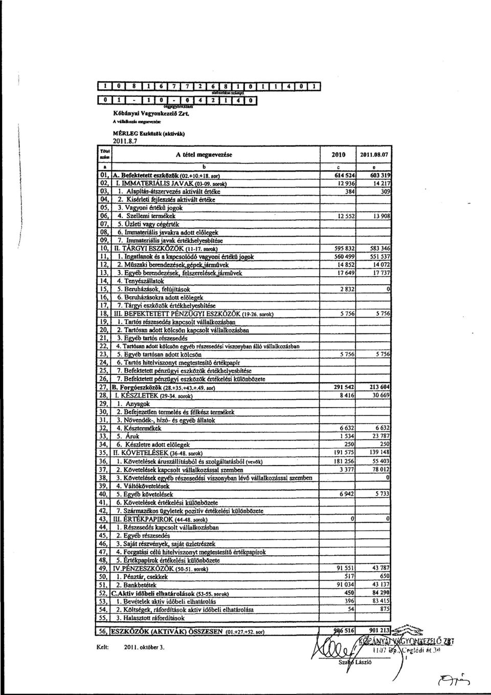 AlapUás-átszervezés aktívált értéke 2. Kisérleti.fi:ilesztés aktivált értéke 3. Vagyni értékujgk 4. Szellemi termékek 5. Üzleti val'/ cérérték 6. lnunateriális javakra adtt elölegek 7.