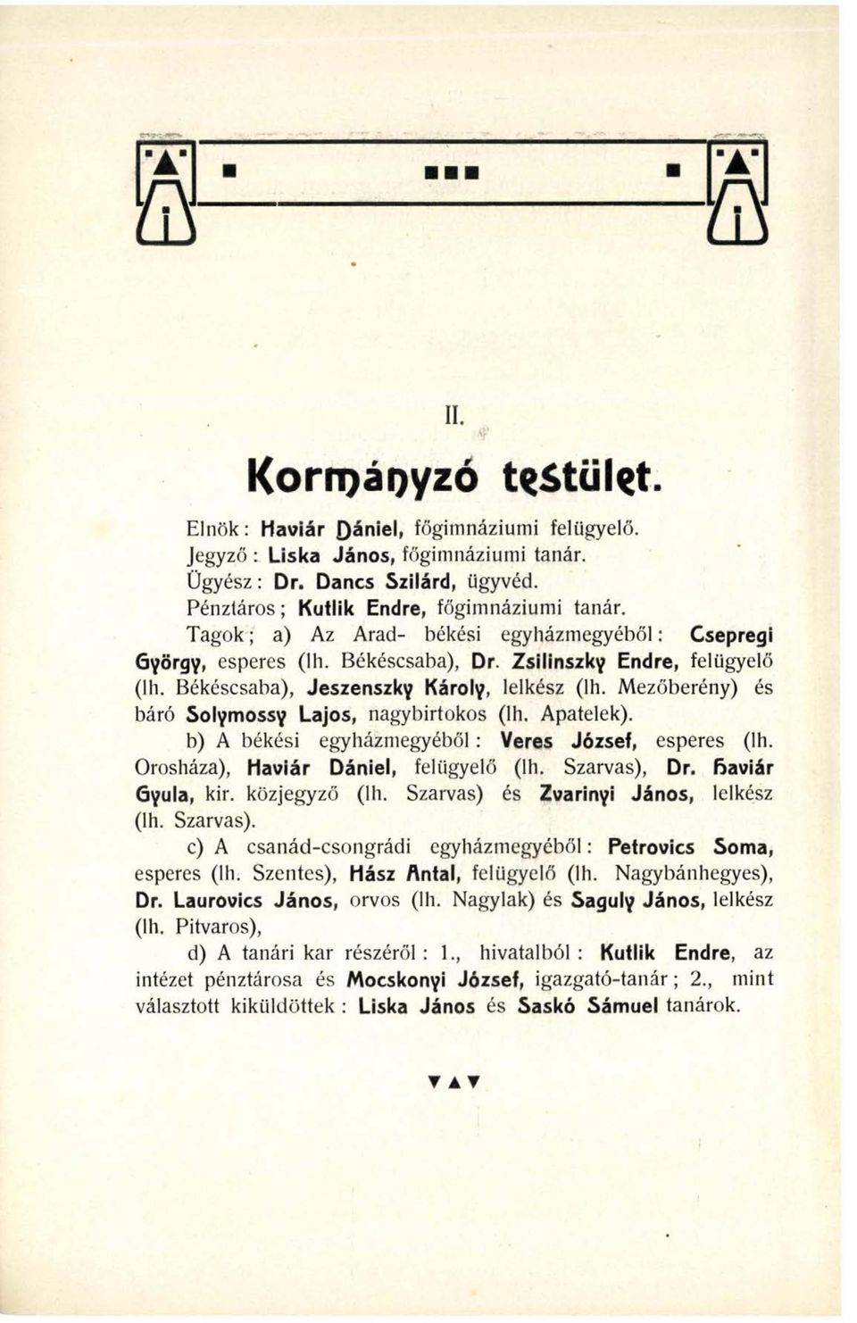 Mezőberény) és báró Solymossy Lajos, nagybirtokos (lh. Apatelek). b) A békési egyházmegyéből: Veres József, esperes (lh. Orosháza), Haviár Dániel, felügyelő (lh. Szarvas), Dr. ftaviár Gyula, kir.