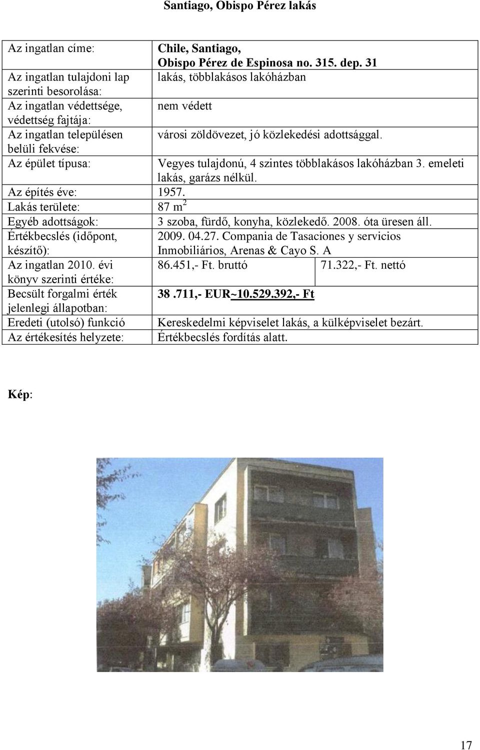 évi könyv szerinti értéke: Becsült forgalmi érték jelenlegi állapotban: Eredeti (utolsó) funkció : városi zöldövezet, jó közlekedési adottsággal. Vegyes tulajdonú, 4 szintes többlakásos lakóházban 3.