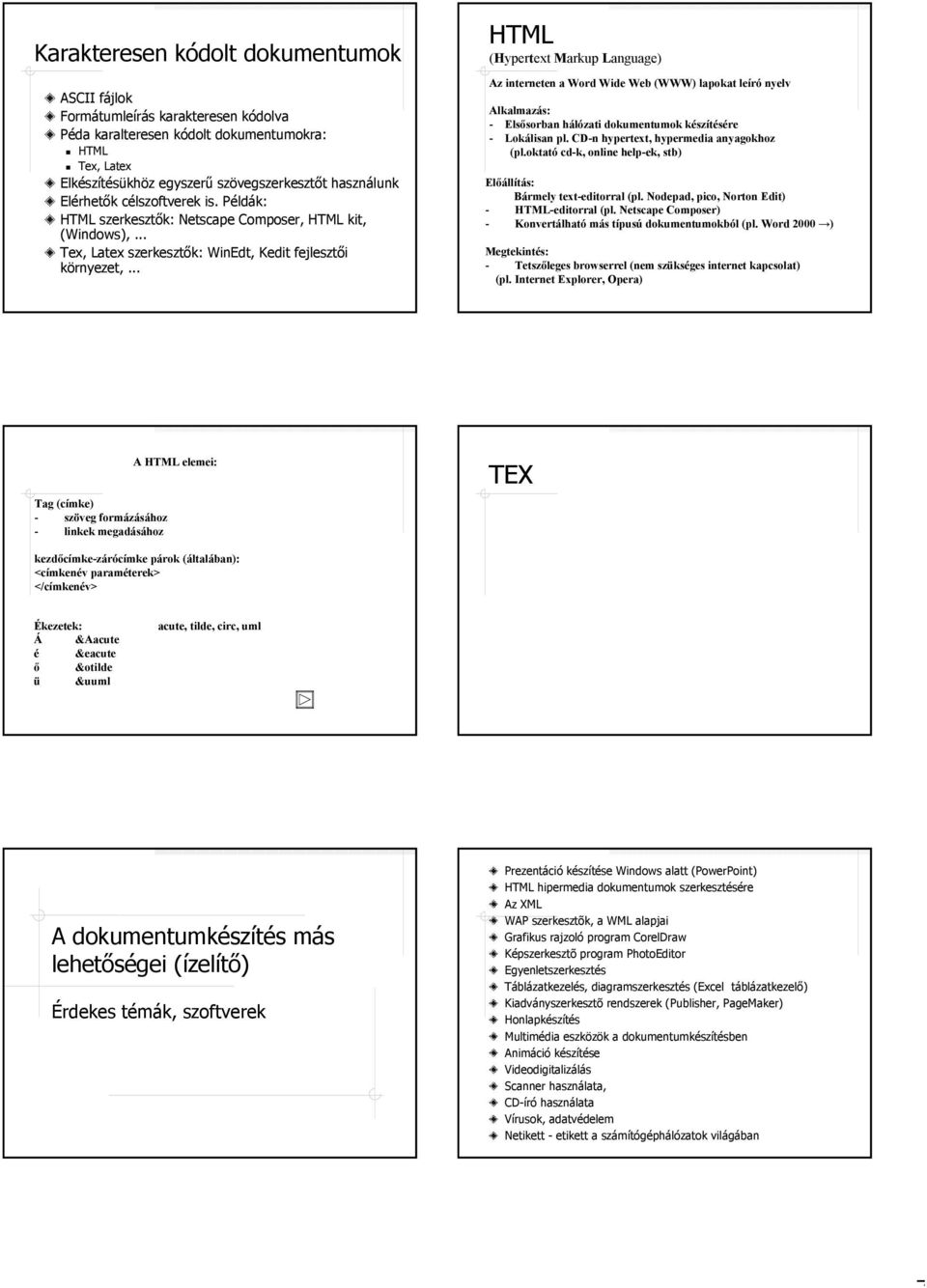 .. HTML (Hypertext Markup Language) Az interneten a Word Wide Web (WWW) lapokat leíró nyelv Alkalmazás: - Elsősorban hálózati dokumentumok készítésére - Lokálisan pl.