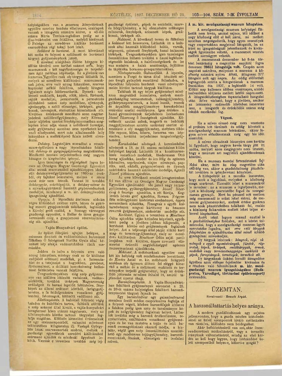 Felsége az ezredéves kiállítás borászati csarnokában régi tokaji bort Ízlelt. 1802 KÖZTELEK, 1897. DECZEMBER HÓ 25103 104. SZÁM. 7-IK ÉVFOLYAM, Szőlészet és borászat.