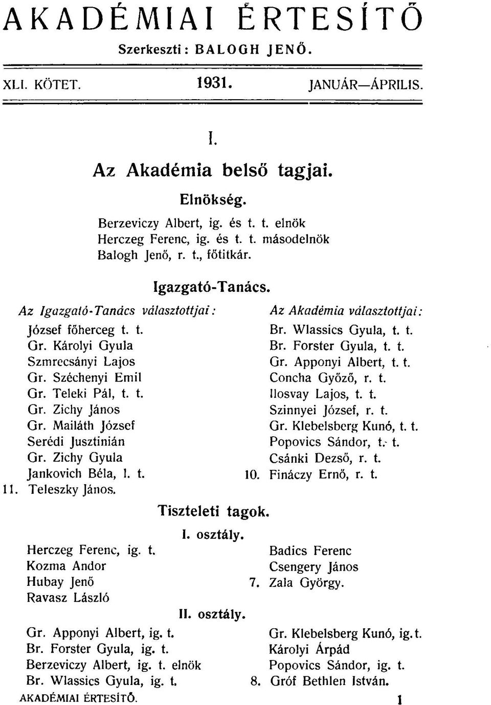 Mailáth József Serédi Jusztinián Gr. Zichy Gyula Jankovich Béla, 1. t. 11. Teleszky János. Tiszteleti tagok. I. osztály. Herczeg Ferenc, ig. t. Kozma Andor Hubay Jenő Ravasz László II. osztály. Gr. Apponyi Albert, ig.