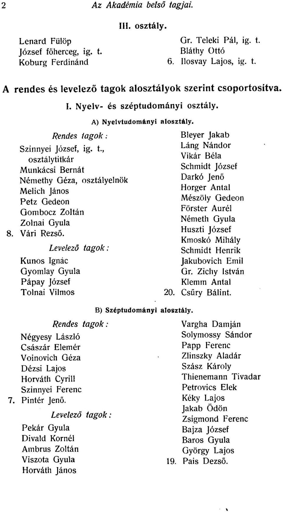 Levelező tagok: Kunos Ignác Gyomlay Gyula Pápay József Tolnai Vilmos Rendes tagok: Négyesy László Császár Elemér Voinovich Géza Dézsi Lajos Horváth Cyrill Szinnyei Ferenc 7. Pintér Jenő.