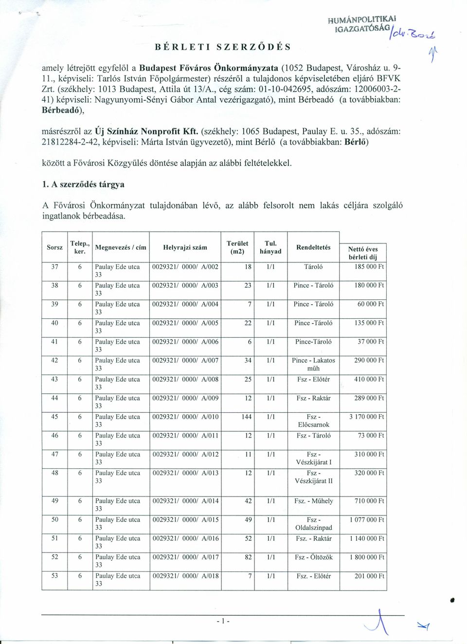 , cég szám: 01-10-042695, adószám: 12006003-2- 41) képviseli: Nagyunyomi-Sényi Gábor Antal vezérigazgató), mint Bérbeadó (a továbbiakban: Bérbeadó), másrészről az Új Színház Nonprofit Kft.