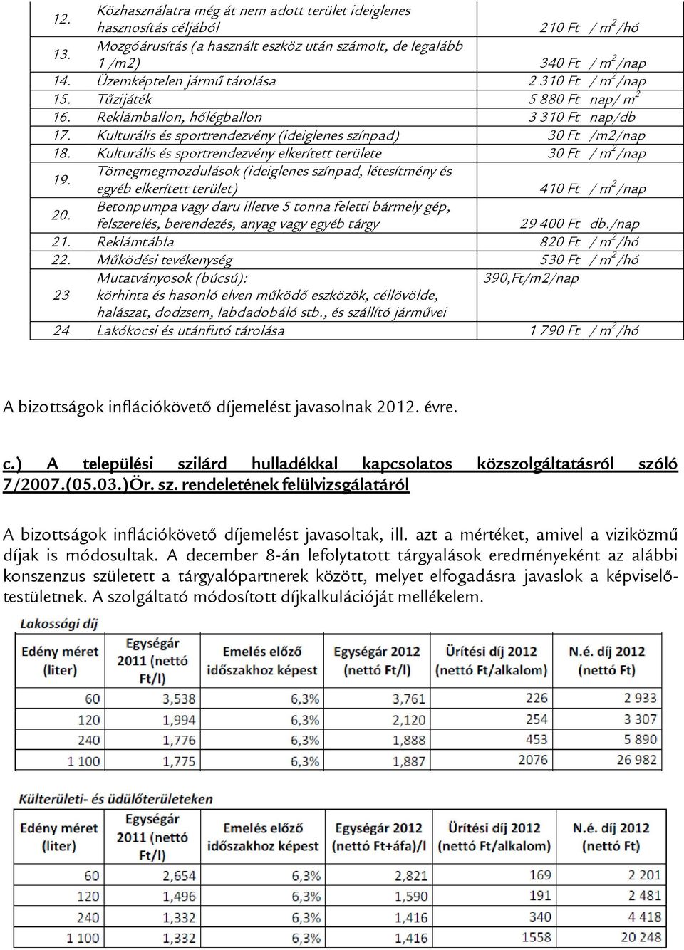 Kulturális és sportrendezvény elkerített területe 30 Ft / m 2 /nap 19. Tömegmegmozdulások (ideiglenes színpad, létesítmény és egyéb elkerített terület) 410 Ft / m 2 /nap 20.