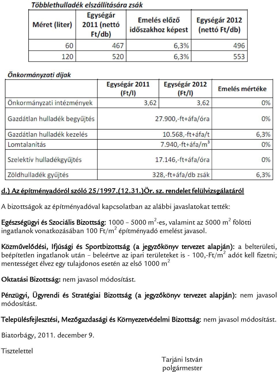 rendelet felülvizsgálatáról A bizottságok az építményadóval kapcsolatban az alábbi javaslatokat tették: Egészségügyi és Szociális Bizottság: 1000 5000 m 2 -es, valamint az 5000 m 2 fölötti ingatlanok