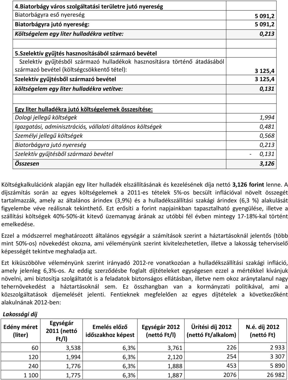 származó bevétel 3 125,4 költségelem egy liter hulladékra vetítve: 0,131 Egy liter hulladékra jutó költségelemek összesítése: Dologi jellegű költségek 1,994 Igazgatási, adminisztrációs, vállalati