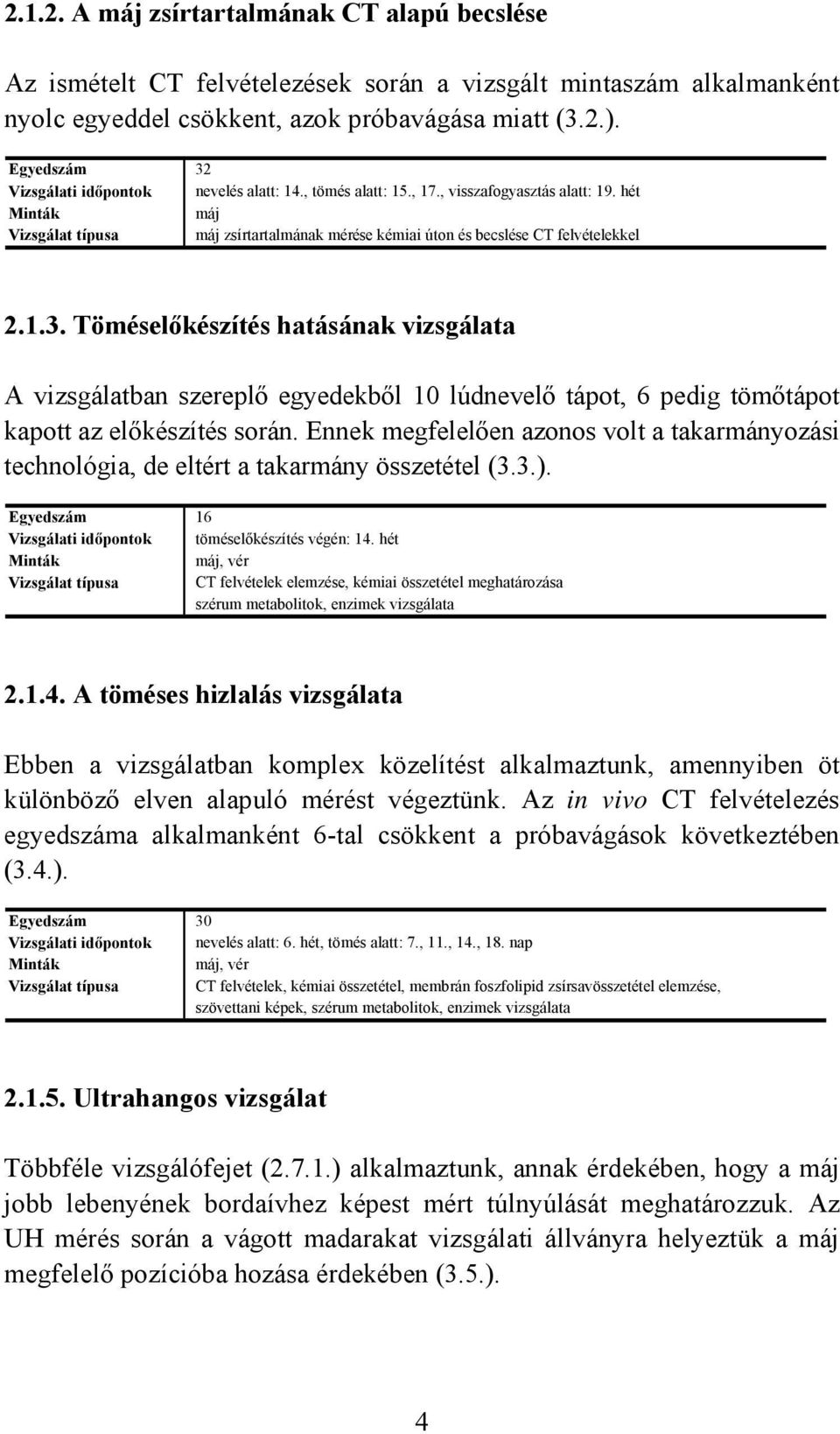 hét Minták máj Vizsgálat típusa máj zsírtartalmának mérése kémiai úton és becslése CT felvételekkel 2.1.3.