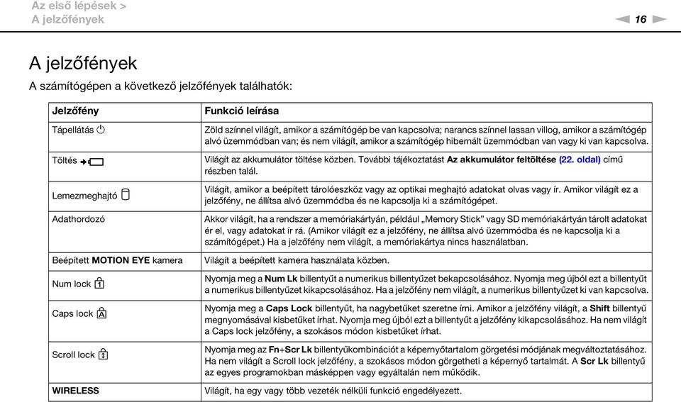 számítógép hibernált üzemmódban van vagy ki van kapcsolva. Világít az akkumulátor töltése közben. További tájékoztatást Az akkumulátor feltöltése (22. oldal) című részben talál.