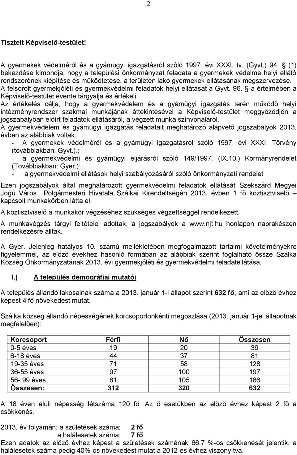 A felsorolt gyermekjóléti és gyermekvédelmi feladatok helyi ellátását a Gyvt. 96. -a értelmében a Képviselő-testület évente tárgyalja és értékeli.