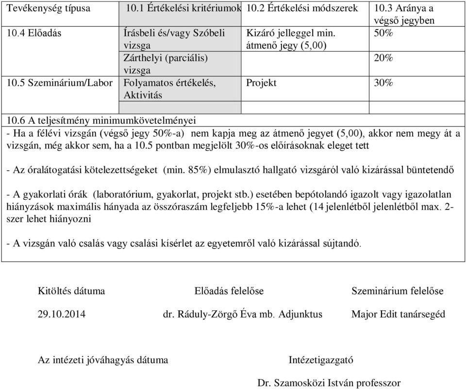 6 A teljesítmény minimumkövetelményei - Ha a félévi vizsgán (végső jegy 50%-a) nem kapja meg az átmenő jegyet (5,00), akkor nem megy át a vizsgán, még akkor sem, ha a 10.