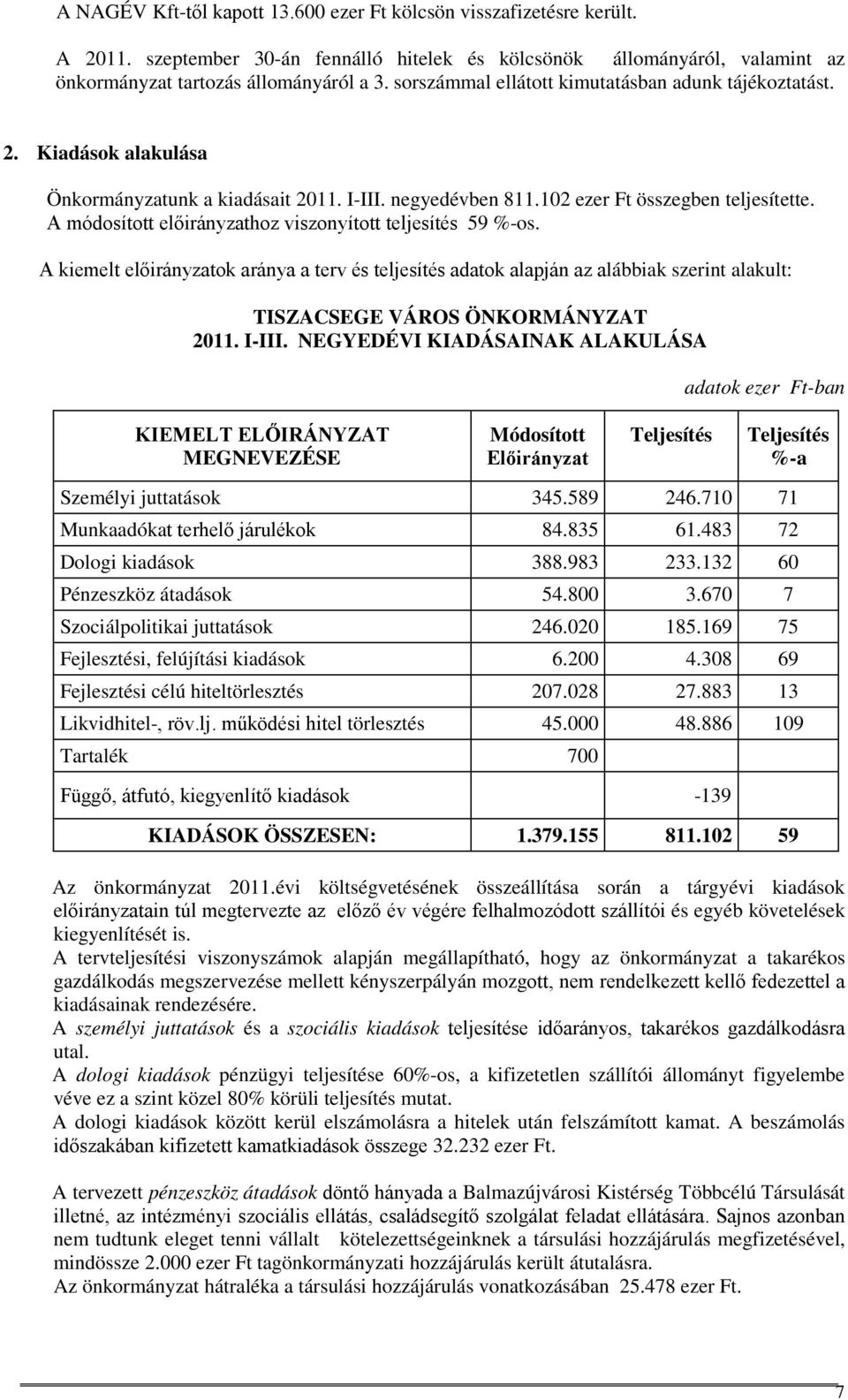 A módosított előirányzathoz viszonyított teljesítés 59 %-os. A kiemelt előirányzatok aránya a terv és teljesítés adatok alapján az alábbiak szerint alakult: TISZACSEGE VÁROS ÖNKORMÁNYZAT 2011. I-III.