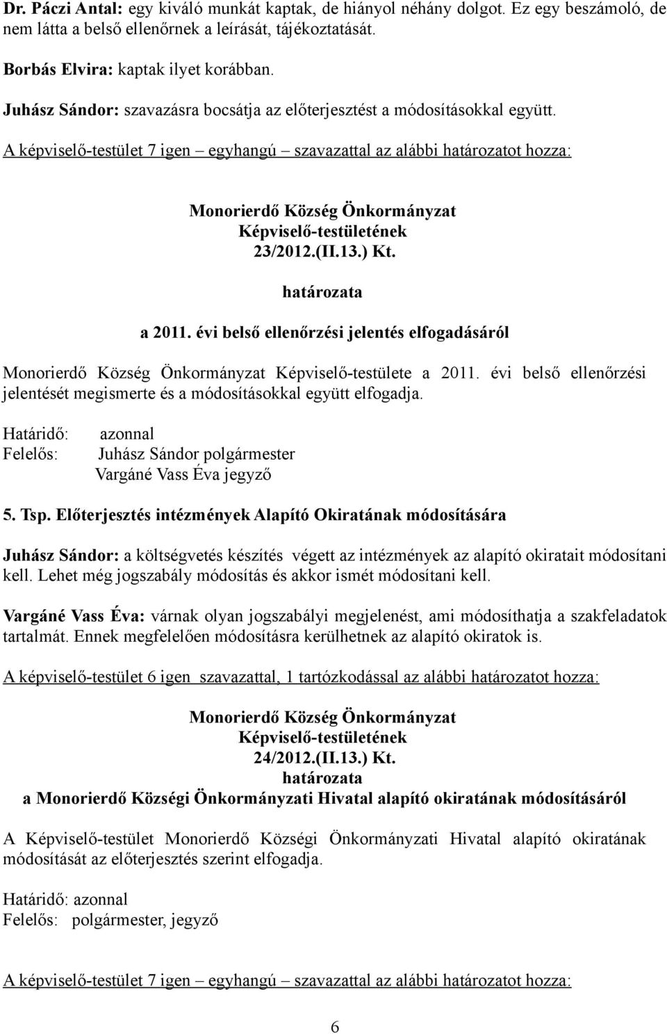 évi belső ellenőrzési jelentését megismerte és a módosításokkal együtt elfogadja. Határidő: Felelős: azonnal Juhász Sándor polgármester Vargáné Vass Éva jegyző 5. Tsp.