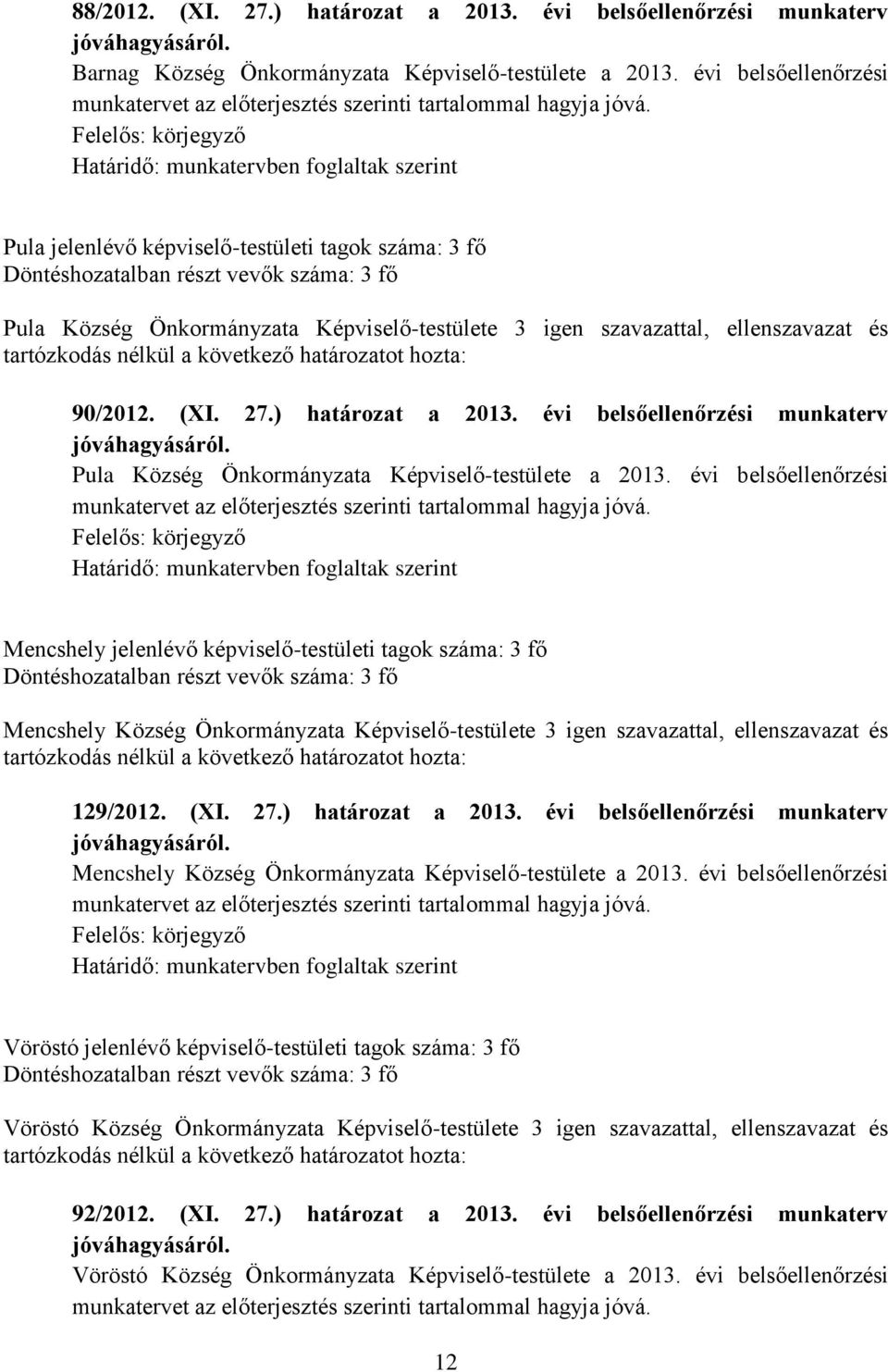 Felelős: körjegyző Határidő: munkatervben foglaltak szerint Pula jelenlévő képviselő-testületi tagok száma: 3 fő Pula Község Önkormányzata Képviselő-testülete 3 igen szavazattal, ellenszavazat és