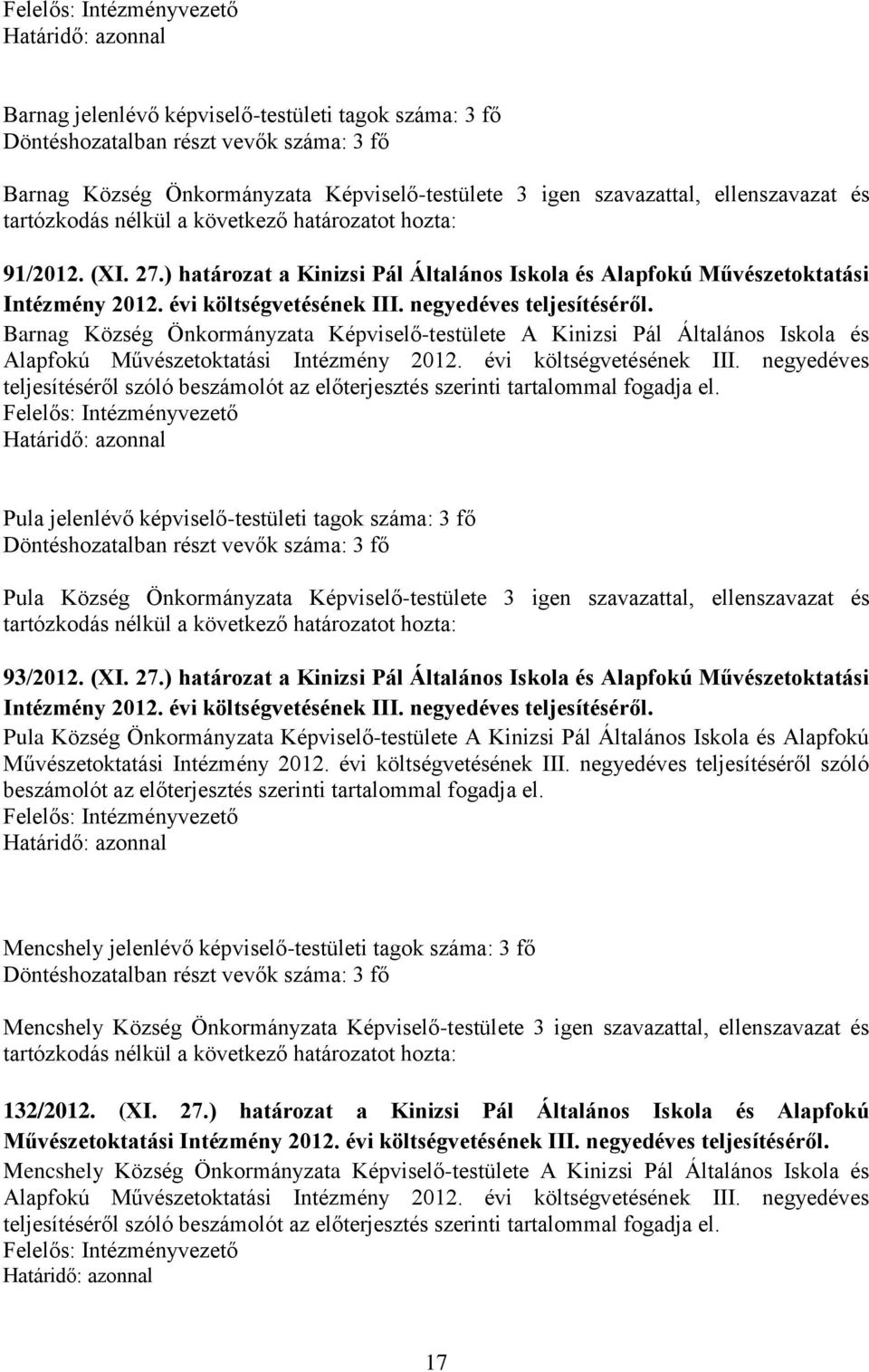 Barnag Község Önkormányzata Képviselő-testülete A Kinizsi Pál Általános Iskola és Alapfokú Művészetoktatási Intézmény 2012. évi költségvetésének III.