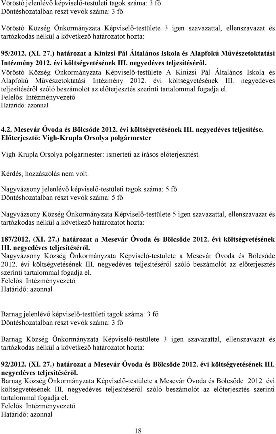 Vöröstó Község Önkormányzata Képviselő-testülete A Kinizsi Pál Általános Iskola és Alapfokú Művészetoktatási Intézmény 2012. évi költségvetésének III.