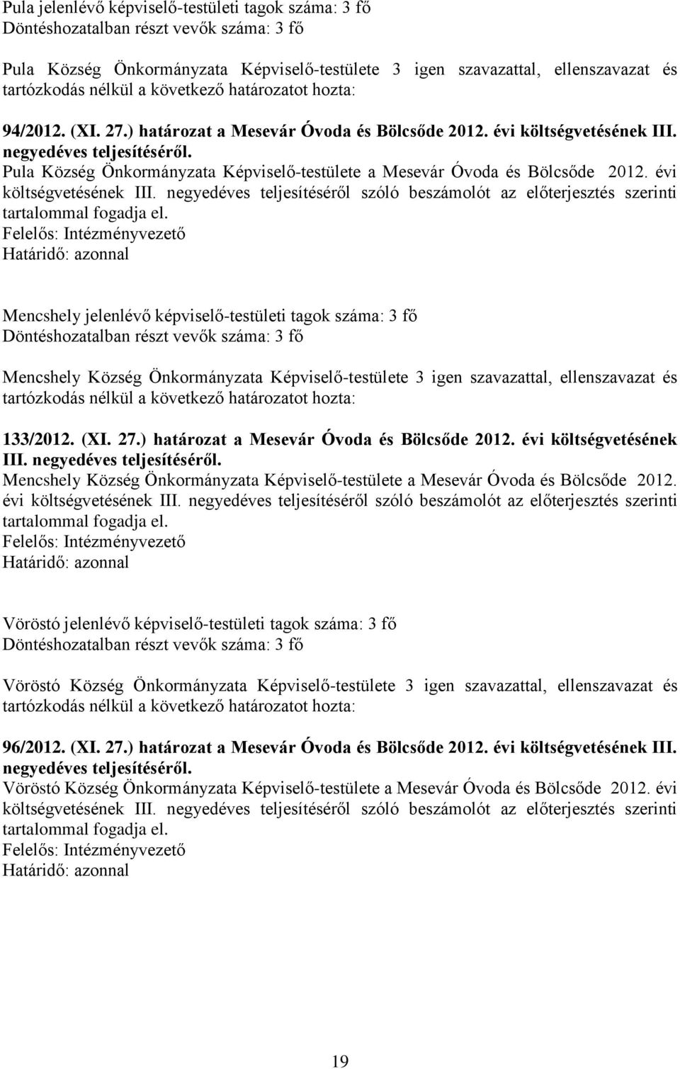 negyedéves teljesítéséről szóló beszámolót az előterjesztés szerinti tartalommal fogadja el.