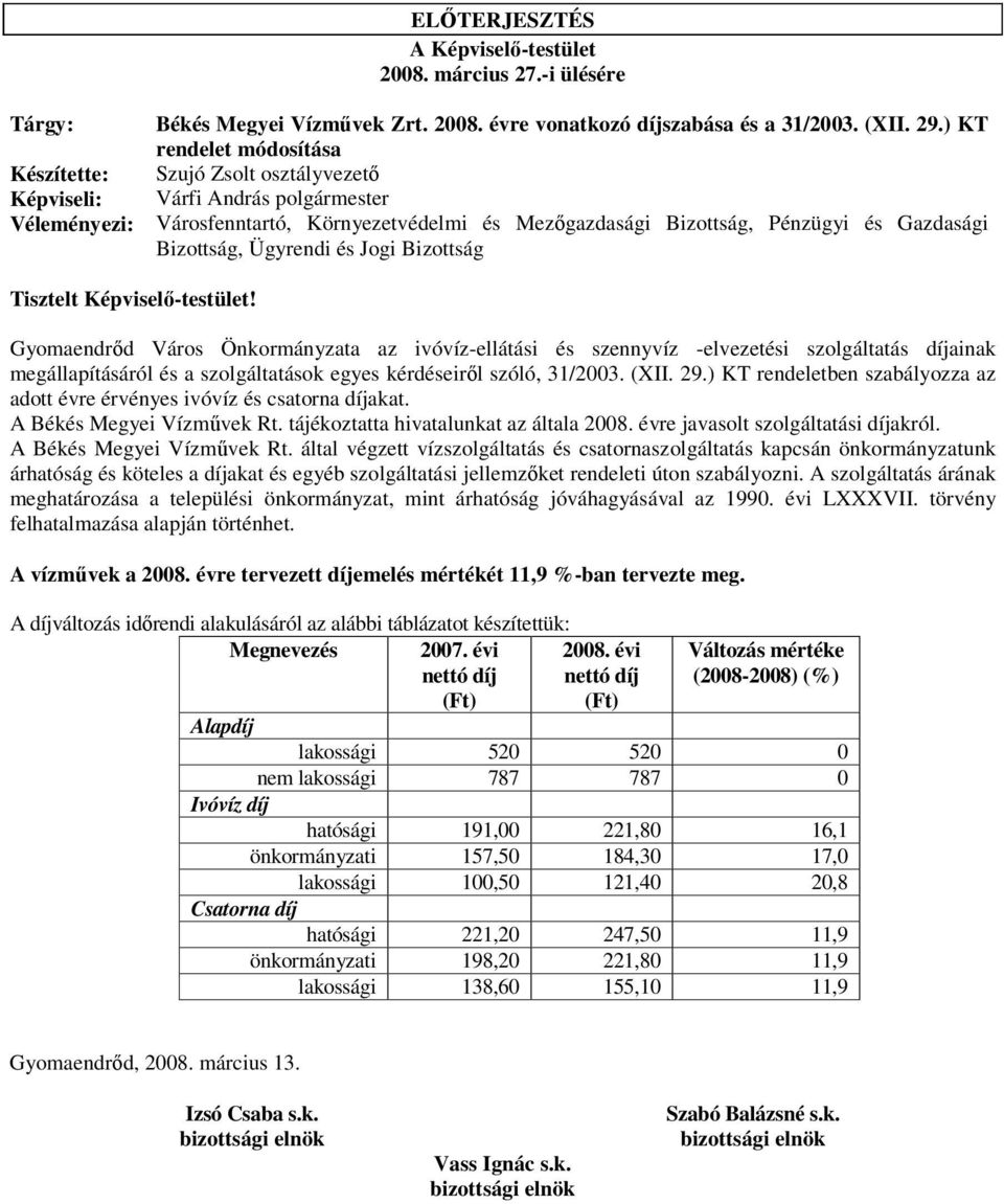 Tisztelt Képviselő-testület! Gyomaendrőd Város Önkormányzata az ivóvíz-ellátási és szennyvíz -elvezetési szolgáltatás díjainak megállapításáról és a szolgáltatások egyes kérdéseiről szóló, 31/2003.